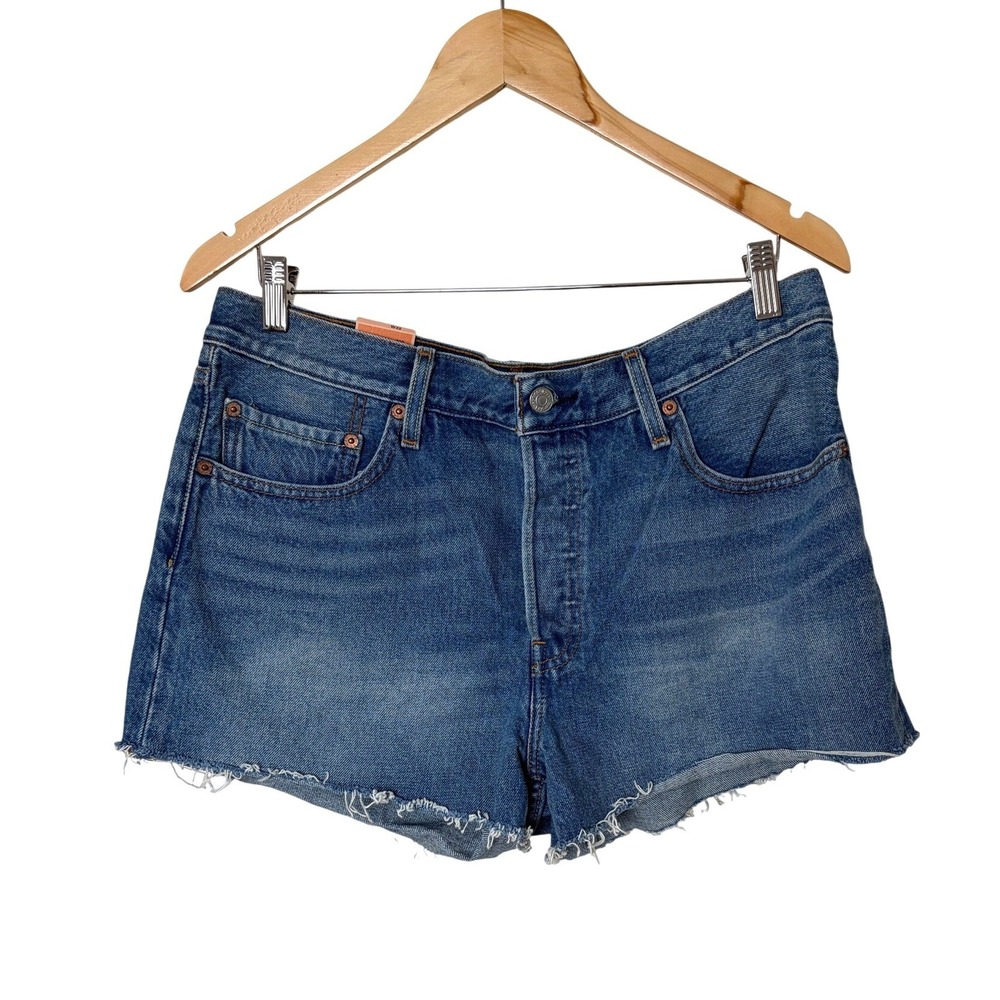 Levis 501 Original High Rise Denim Shorts Medium Wash Raw Hem Blue Womens 34W